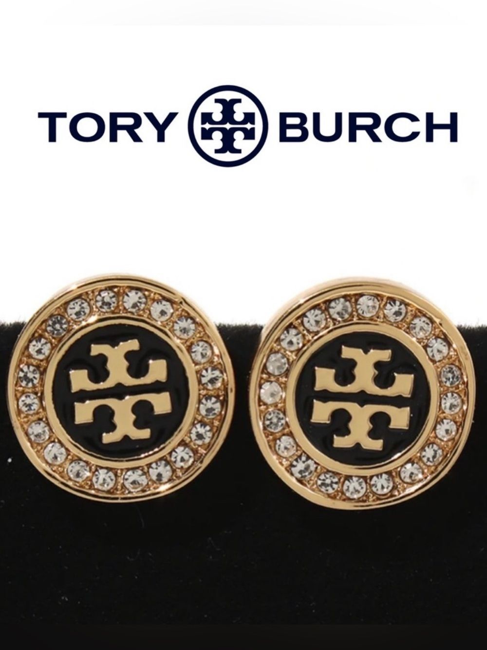 NWT Tory Burch Icon Gold Black Enamel Pave Crystal Circle Stud Earrings